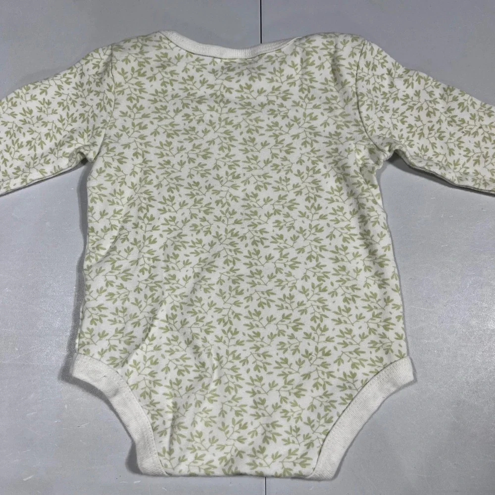 Tres Beau Belle Baby Long Sleeve Pima Cotton Bodysuit Green Leaf Print 3-6M
